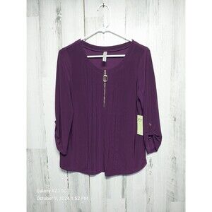 Per Seption NWT Purple Blouse 1/2 Zip Roll Tab Sleeve